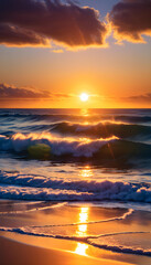 Naklejka premium Sunset, Sky, Landscape, Nature, Scenic, Horizon, Sun, Evening, Beauty, Dusk, Twilight, Golden Hour, Orange, Atmospheric, Peaceful, AI Generated