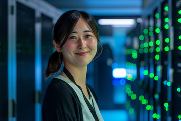 Smiling female IT engineer in server room