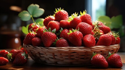 Closeup Strawberries in a bamboo basket with blur background