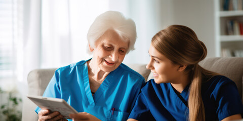 Smiling Caregiver Assisting Elderly Patient in Nursing Home