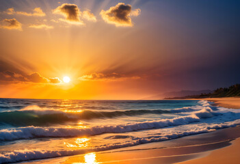 Sunset, Sky, Landscape, Nature, Scenic, Horizon, Sun, Evening, Beauty, Dusk, Twilight, Golden Hour, Orange, Atmospheric, Peaceful, AI Generated