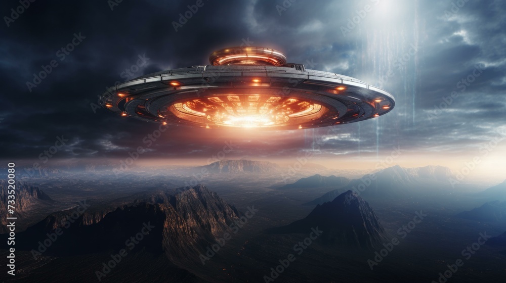 Poster an alien spaceship flying over a mountain range. generative ai.