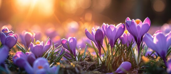 Spring's vibrant backdrop features purple crocuses in bloom.