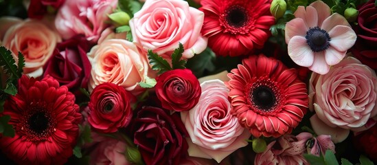 Flower arrangement with roses, gerbera, anemones, and a heartfelt message.