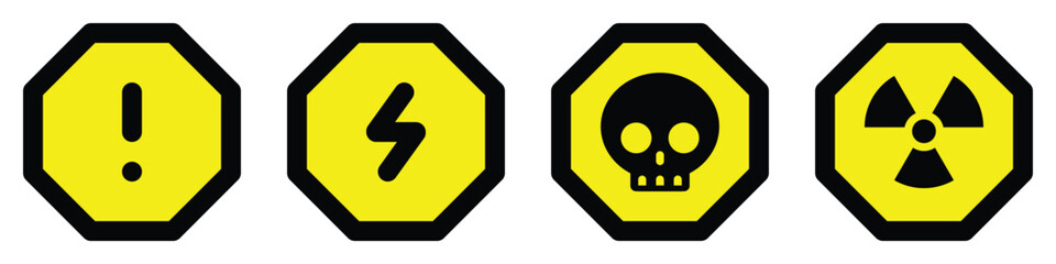 set yellow black octagon icons radioactive nuclear sign electric voltage warning danger symbol alert caution hazard danger traffic vector flat design for website mobile isolated white Background