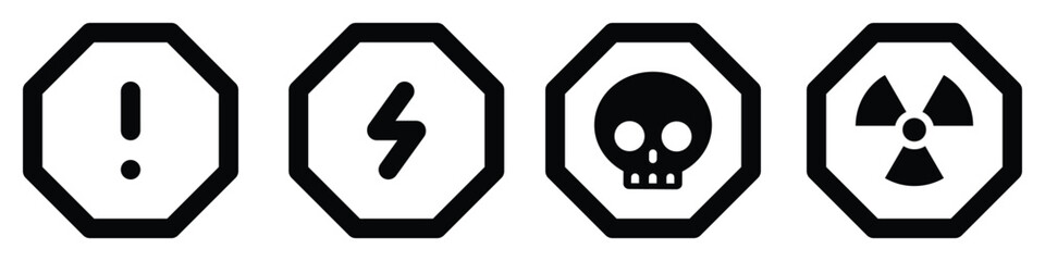 set line octagon icons radioactive nuclear sign electric voltage warning danger symbol alert caution hazard danger traffic vector flat design for website mobile isolated white Background