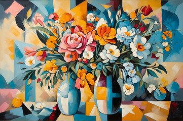 flowers in a modern style and cubism in oil on canvas with elements of fine art pastel painting