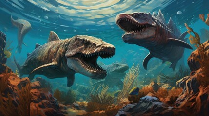 Two dinosaurs swimming in the ocean with their mouths open. Generative AI.