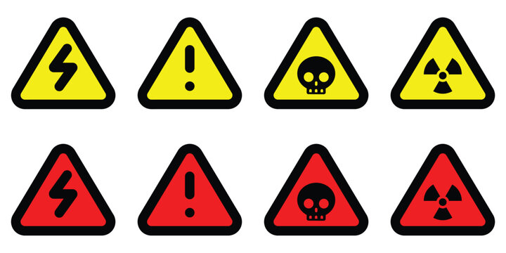 set yellow red triangular icon radioactive nuclear sign electric alert voltage warning danger symbol alarm caution hazard danger traffic vector flat design for website mobile isolated white Background