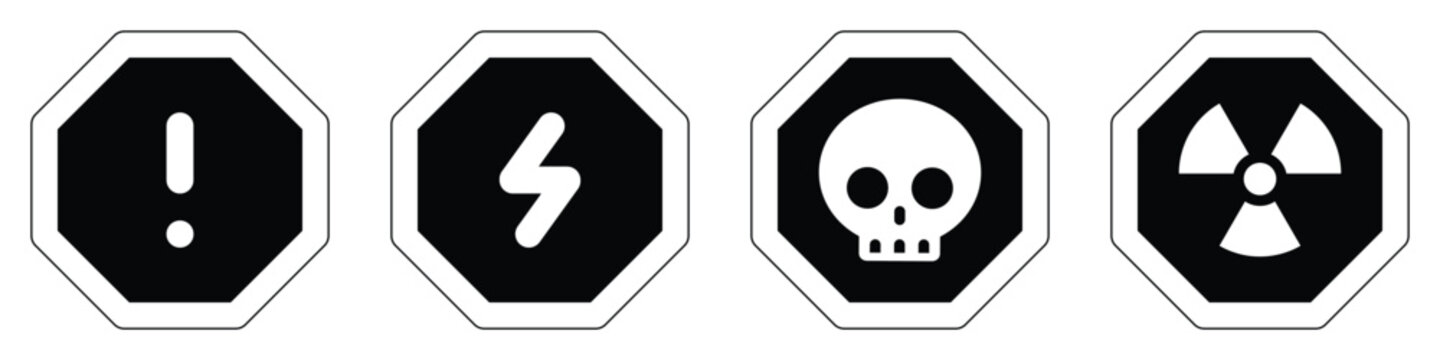 set black octagon icons radioactive nuclear sign electric logo voltage warning danger symbol alert caution hazard danger traffic vector flat design for website mobile isolated white Background