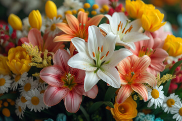 A stunning Easter floral arrangement with lilies, tulips, and daffodils, creating a centerpiece for festive celebrations. Concept of Easter floral art. Generative Ai.