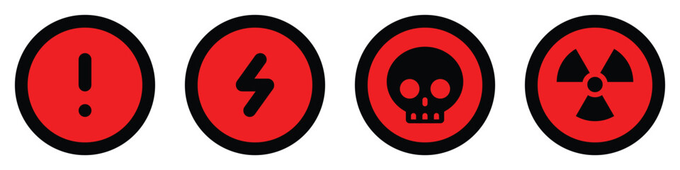 Fototapeta premium set red black circle icons radioactive nuclear sign electric alert voltage warning danger symbol logo caution hazard danger traffic vector flat design for website mobile isolated white Background
