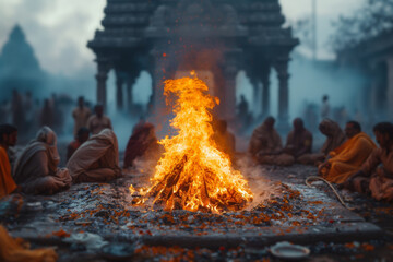 A serene Holi morning with people gathering around a bonfire, symbolizing the triumph of good over evil, accompanied by prayers and rituals. Concept of religious observance. Generative Ai.