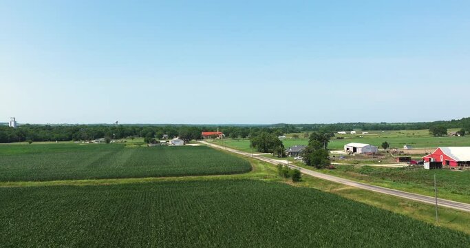 Flying over crop fields farmland midwest kansas