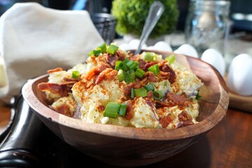 creamy homemade potato salad in a bowl topped with bacon and chives - obrazy, fototapety, plakaty