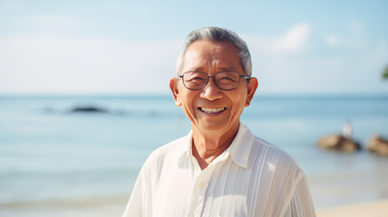 An elderly man standing smile and chilling on the beach.