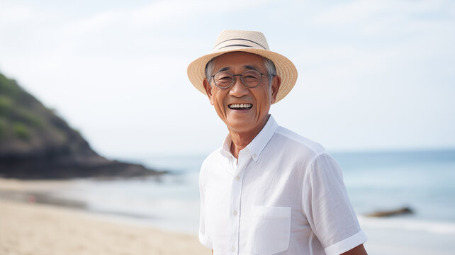 An elderly man standing smile and chilling on the beach.
