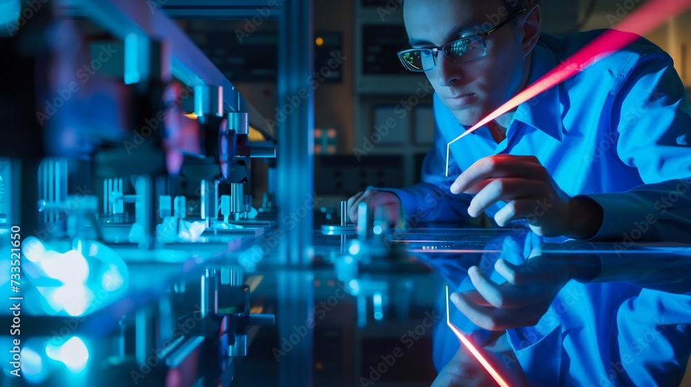 Poster scientist working with laser technology in modern laboratory. generative ai