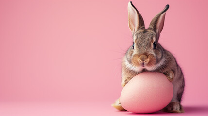 Cute Easter bunny hatching from pink Easter egg isolated on pastel pink background with copy space.