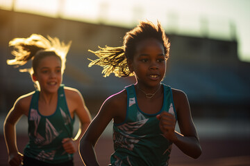 Child athlete practicing running against evening light.