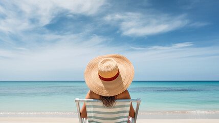 Fototapeta na wymiar Black view Woman lying on a beach chair by the sea, wearing a big hat on a clear day, blue sea.