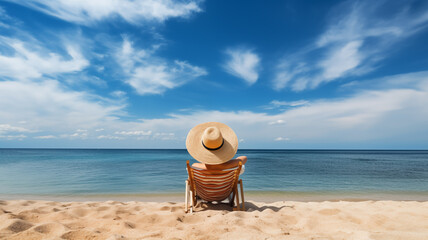Fototapeta na wymiar Black view Woman lying on a beach chair by the sea, wearing a big hat on a clear day, blue sea.