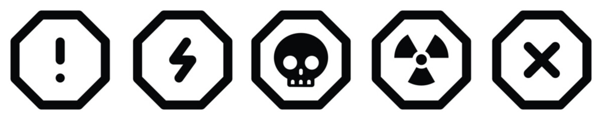 set attention octagon sign warning electric alert radioactive crossing stop traffic symbol caution hazard danger badge road mark vector flat design for web mobile isolated white Background