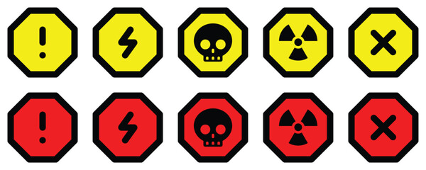 set attention red yellow octagon sign warning electric alert radioactive crossing traffic symbol caution hazard danger badge road mark vector flat design for web mobile isolated white Background