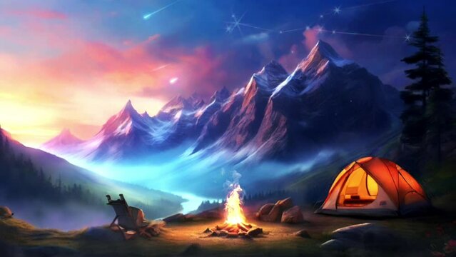 Camping in the mountains with campfire at sunset 3d rendering illustration