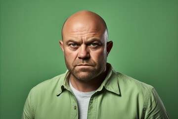 Portrait of a bald man in a green shirt on a green background
