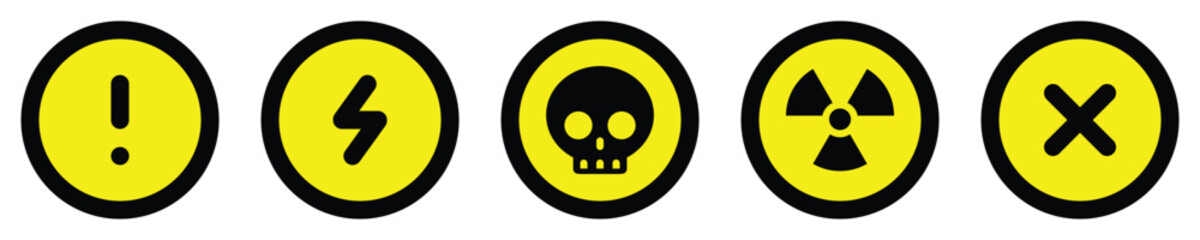 set attention yellow circle sign warning electric alert radioactive crossing stop traffic symbol caution hazard danger badge road mark vector flat design for web mobile isolated white Background