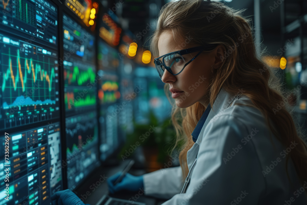 Poster a researcher analyzing data charts, contributing to scientific breakthroughs in the field of analyti