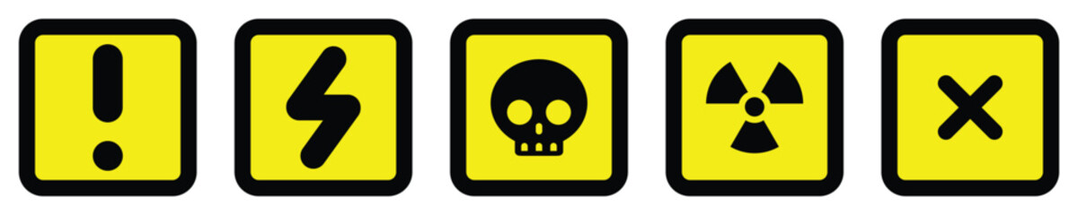 set attention yellow square sign warning electric alert radioactive crossing stop traffic symbol caution hazard danger badge road mark vector flat design for web mobile isolated white Background