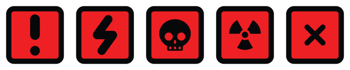 set attention redsquare sign warning electric alert radioactive crossing stop traffic symbol caution hazard danger badge road mark vector flat design for web mobile isolated white Background