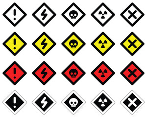 set attention different colors sign warning electric alert radioactive cross traffic symbol caution hazard danger badge road mark vector flat design for web mobile isolated white Background