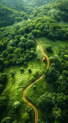 Serpentine Road Winding Through a Lush Green Forest. Generative ai