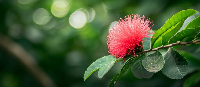 Close-up of the blossom and leaves of Calliandra haematocephala, also known as the red powder puff plant. - Powered by Adobe