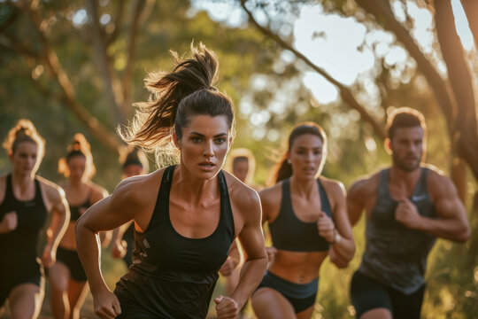 A group, outdoor, bootcamp fitness exercise class in the Australian bush, comprising of gym fit and healthy young men and women running or jogging.