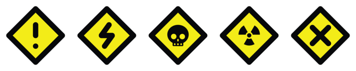 set attention yellow sign warning electric alert radioactive crossing stop traffic symbol caution hazard danger badge road mark vector flat design for web mobile isolated white Background