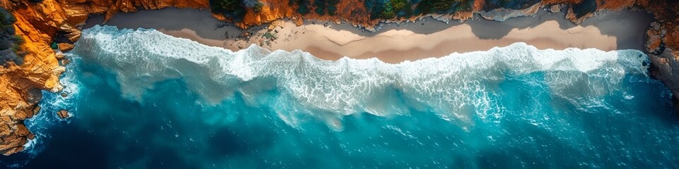 Aerial View of Ocean Waves Crashing on a Rocky Beach. Generative ai