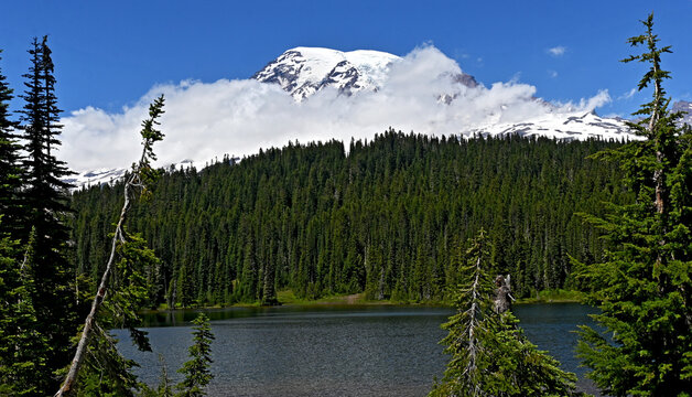 Mount Rainier in a cloudbank with lake and trees in the foreground, 20230630_DSC_8192.
