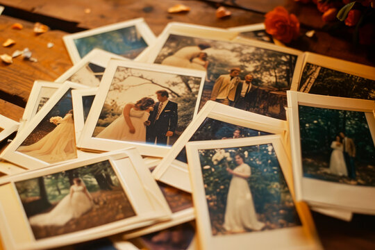 Capturing Love in Instant Frames: A Collection of Polaroid Photos from a 60s or 70s Wedding Photoshoot – Nostalgic Moments Frozen in Time.