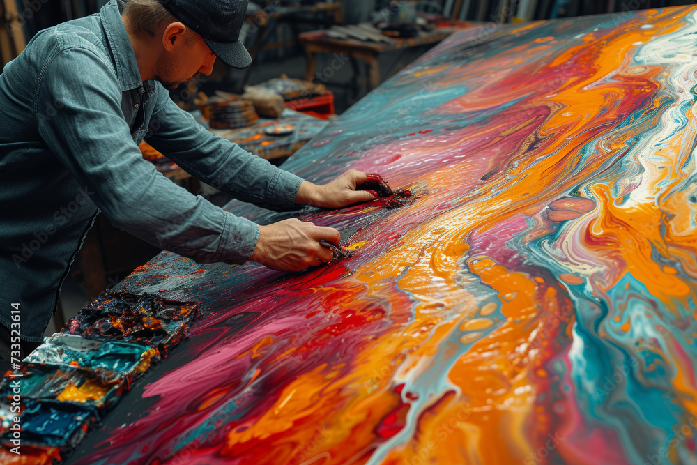 Poster a focused artist passionately working on a large canvas, creating a vibrant and expressive painting.