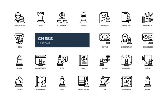 Chess board game competition piece check king detailed outline line icon set