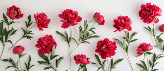 Red peonies arranged in a flat lay composition on a white background, creating a floral summer background.