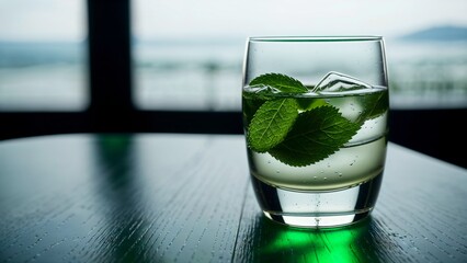 Un verre étincelant accueille une boisson rafraîchissante à la menthe, une symphonie de fraîcheur estivale. Les glaçons scintillent dans la lumière, promettant une délicieuse sensation de fraîcheur.