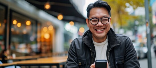 A man with glasses is happily smiling as he holds a cell phone, his thumb touching the screen. His eyewear reflects good vision care.