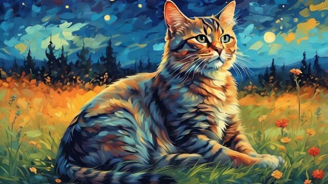 abstract cat that is sitting in the grass with a starry night sky, motion