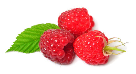 Raspberry with leaves isolated on white background