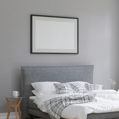 mockup bedroom cozy home interior, bed empty headboard and light gray wall background. room 3D rendering..